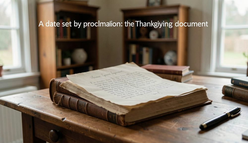 A printed proclamation under glass on a dark wood desk beside a brass lamp and a fountain pen, warm library light, no hands in frame