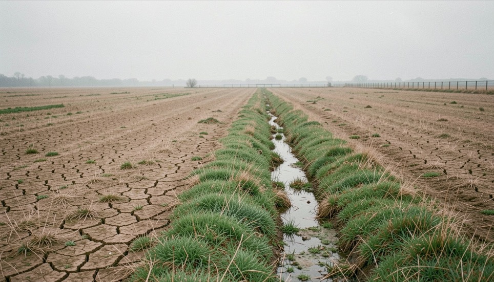 A single wide frame of cracked dry pasture under flat overcast light with one narrow strip of green grass running along an old creek line toward a distant fence, heat haze