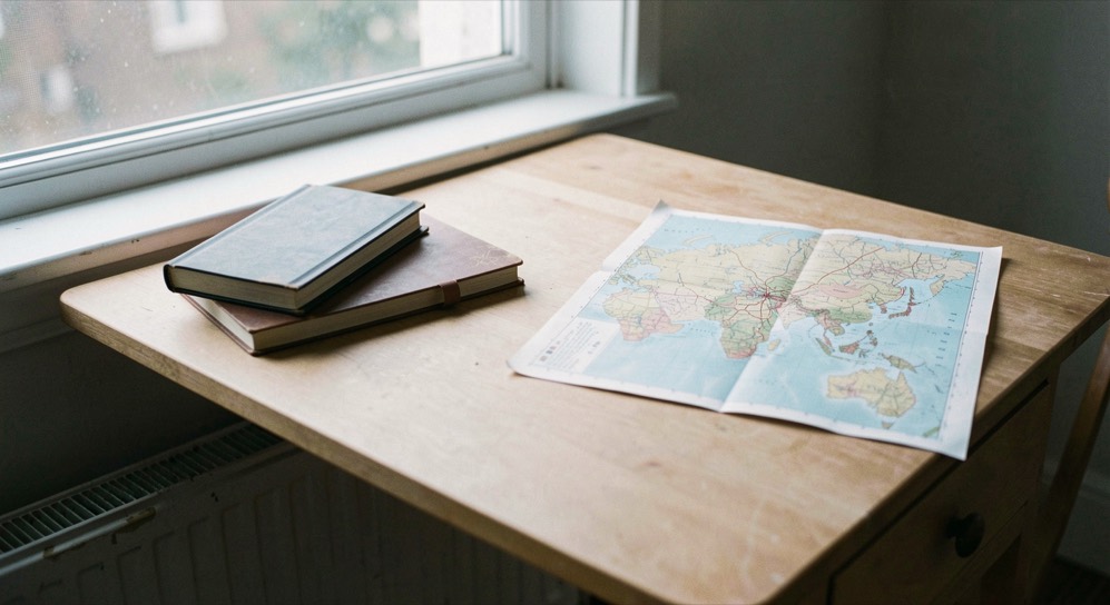 A plain wooden desk under a single window, two notebooks stacked square, a paper map folded open at the far corner, cool daylight