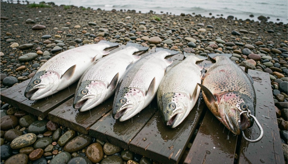 Five Pacific salmon laid side by side on wet planks on a gravel bar, bright silver flanks with dark spotted backs, one large hook jawed king beside smaller fish, rain beading on the scales, overcast light