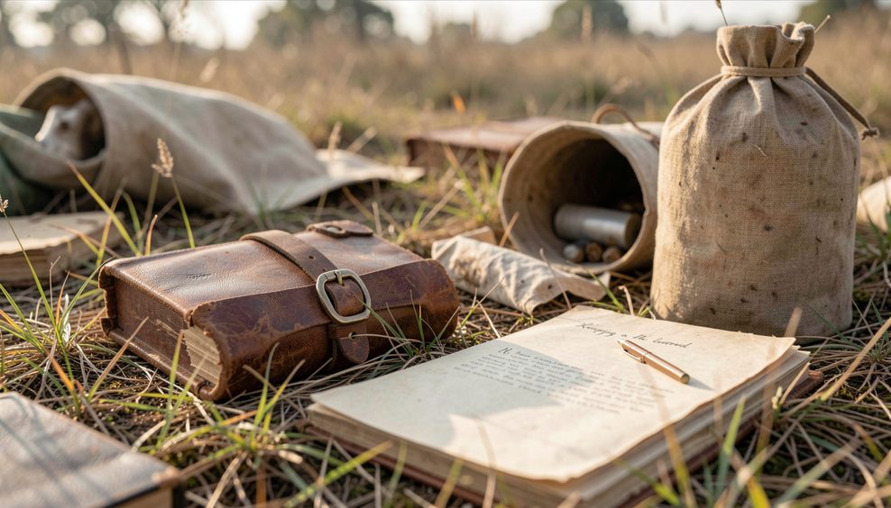 A worn field notebook open to a page of dated pencil entries, lying on a truck seat beside a folded map and a stub pencil, window light