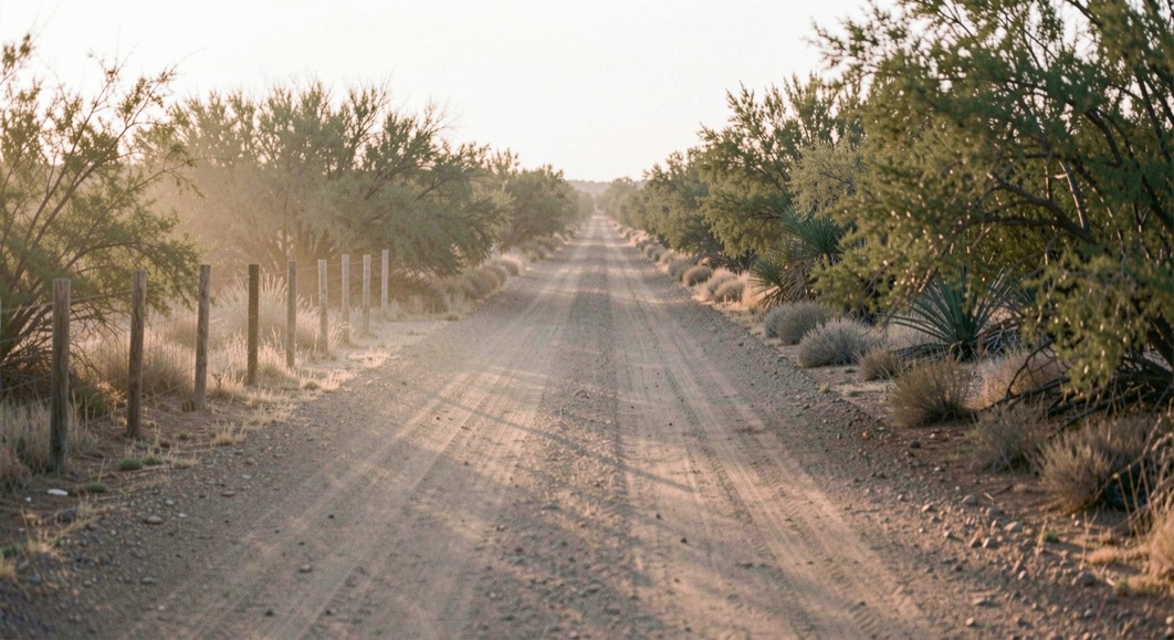 An empty caliche ranch road running straight between low thornscrub at first light, fence posts on the left, heat haze not yet risen
