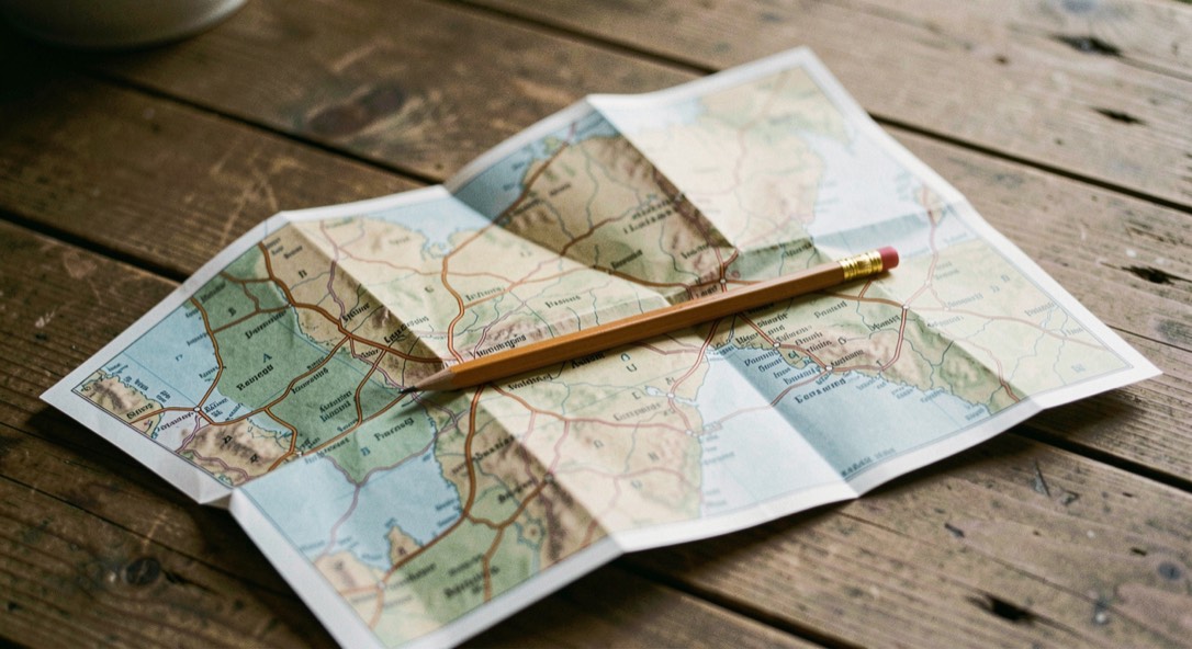A folded paper map opened flat on a plank table with a pencil resting diagonally across it, morning side light, place names not legible