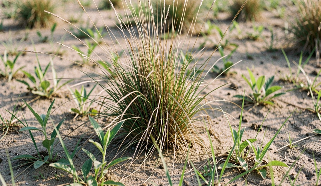 A weathered clump of bunchgrass left standing from the previous season with new green broadleaf forbs rising around it on bare sandy soil, low raking morning light, no people in frame