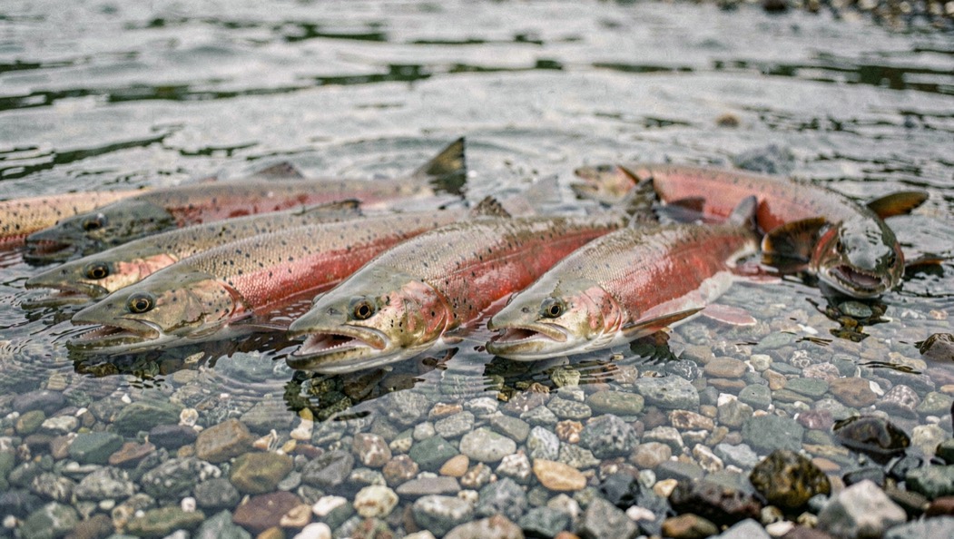 A school of spawning sockeye salmon with unspotted brick red bodies, olive green heads and hooked jaws, holding side by side in clear shallow water over grey gravel, seen from a low bank