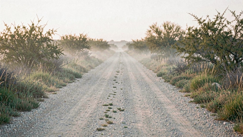 An empty caliche ranch road running straight between low thorny brush at first light, mist hanging over the grass in the ditch, tire ruts in pale gravel, no vehicle and no people in frame